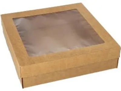 Produktbild von 300x Transport- und Catering-Kartons, Pappe eckig 22,5 x 22,5 cm braun mit separatem Deckel und Sichtfenster aus PET