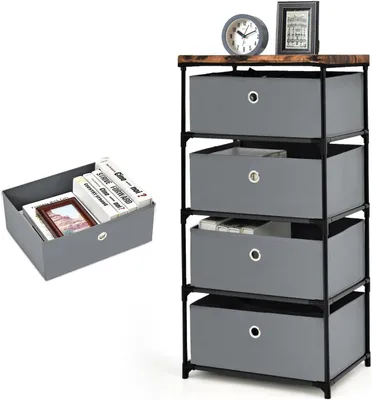 A four-drawer fabric dresser with a wooden top, shown with a separate fabric storage bin filled with books and a framed picture.