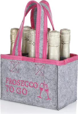FunX Flaschentasche Prosecco to Go - Filztasche für 6 Flaschen - Grau mit Trageschlaufen und Aufdruck - Vielseitig einsetzbar - 19x12x14 cm