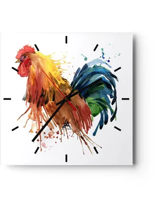 Produktbild von Wanduhr - Quadrat - Glasuhr - Hahn Ilustration Tier Farben - 30x30cm - Schleichendes Uhrwerk - Lautlos - zum Aufhängen bereit - Dekoration Modern - Wanddekoration aus Glas - C3AC30x30-2842