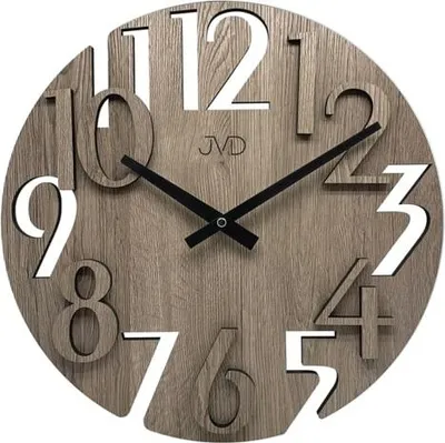 A close-up shot of a wooden wall clock with large, cut-out numbers and black hands.