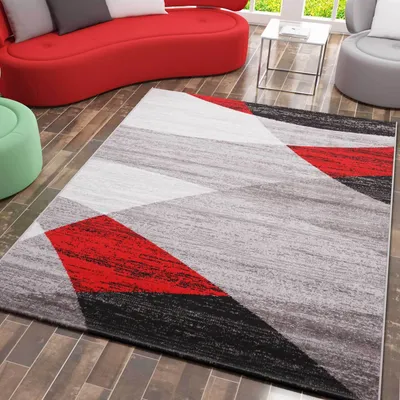 Image de Tapis Géométrique Chiné en Rouge Gris Blanc Noir Tapis de salon à poils courts, Dimensions:60 x 110 cm