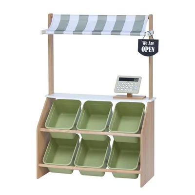 Produktbild von Teamson Kids Little Helper Pretend Play Holzmarkt Lebensmittelständer Rollenspiel-Spielzeug-Set für Kinder mit interaktiven Funktionen & 6 Zubehör Grün TD-13638A