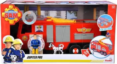 The image shows the retail packaging of a Simba Feuerwehrmann Sam Feuerwehrauto toy fire truck. The packaging displays the product, figures, and promotional text.