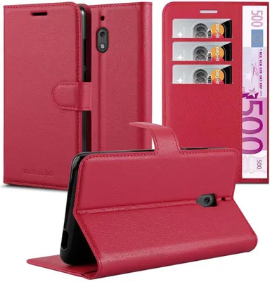 A red leather flip case for a smartphone is displayed, with the case open to show the phone and a stand feature. The case also has slots for cards and a banknote.