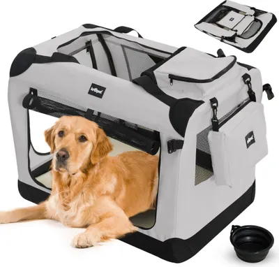 Produktbild von Leopet® Hundebox - Faltbar, S/M/L/XL/XXL/XXXL, Stoff, mit Napf - Transportbox, Transporttasche, Tragetasche, Hunde, Katzen, Haustier, XXXL, Grau
