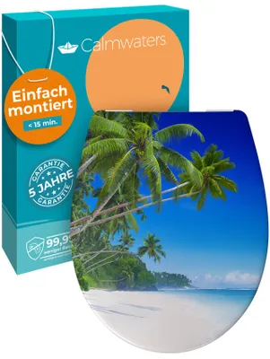 Produktbild von Calmwaters® WC Sitz Motiv Palmenparadies einfache Montage, Toilettendeckel bis 250 kg, EU, antibakterieller Duroplast, Absenkautomatik, 2 Montage Optionen, abnehmbar, Klobrille, oval