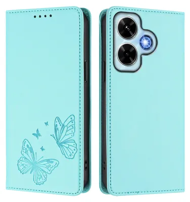 Produktbild von Lederhülle für Xiaomi Redmi Note 13 4G, Schmetterling Prägung Leder Brieftasche Schutzhülle mit Ständer Türkis