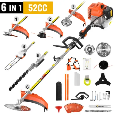 Imagen del producto de Tijeras de podar a gasolina de 52 CC - 2500 W de potencia - Depósito de 1200 ml - Herramienta de jardín multifuncional 6 en 1