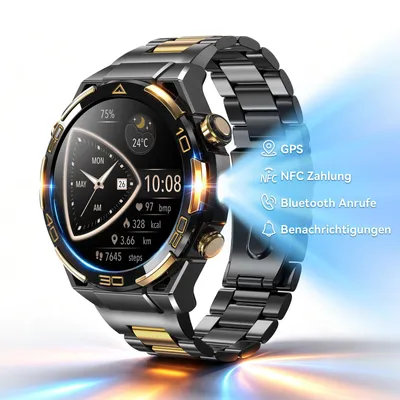 Produktbild von Blackview Smartwatch Herren, 14K-Gold-Einlage/GPS/Kompass/Bluetooth-Anrufe/AI/ChatGPT, 100+ Sportmodi, Fitnessuhr für Android iOS,Flagship Edition