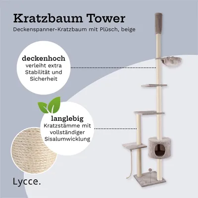 Produktbild von Lycce Katzenbaum TOWER Kratzbaum deckenhoch Sisal Plüsch beige oder grau 230-260 cm, Farbe:grau, Größe:XL