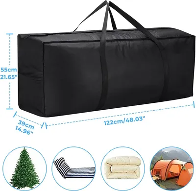 A large black storage bag with dimensions indicated, and smaller circular images showing a Christmas tree, a striped cushion, a folded blanket, and tents.