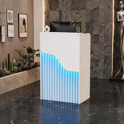 Produktbild von Empfangstheke mit LED-Lichtleiste Rezeptionstheke Klein Empfangstresen mit Abschließbarer Schublade Modern Empfangsmöbel Rezeption Tisch Kompakt Fronttresen für Salon Geschäft Hotel Büro