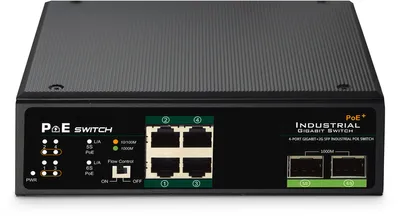 Produktbild von DIGITUS 4 Port Gigabit Ethernet Netzwerk PoE Switch, Industriell, Unmanaged, 2 SFP Uplink