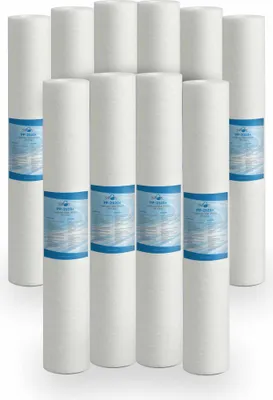 A group of white cylindrical water filters arranged in a grid.