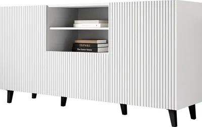 Produktbild von MIRJAN24 Kommode Pafos 150, Stilvoll Highboard mit 2 Türen und Schublade, Modern Wohnzimmer Sideboard (Farbe: Weiß / Schwarz Füße)