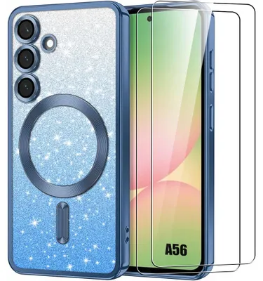 Image de Coque + 2 Verres Trempés pour Samsung Galaxy A56 5G, avec Anneau Magnétique - Protection Scintillante - Bleu