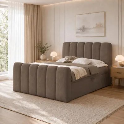 Obrázek produktu pro Postel s pružinovou základnou a čalouněnou konstrukcí, model "Bubble Bouclé" | S úložným prostorem a vrchní matrací | Moderní design ložnice | Hnědá, rozměry 200x200 cm, Obrázek vytvořený pomocí AI