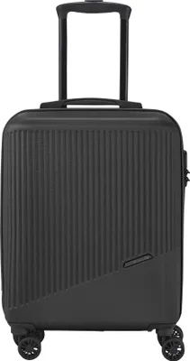 A black trolley suitcase with a telescopic handle and wheels, shown from the front.