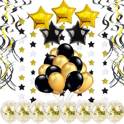 Image de Kit de décoration doré et noir, comprenant 46 pièces, pour une fête d'anniversaire
