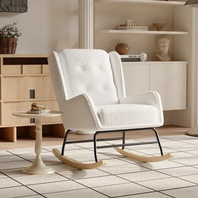 Produktbild von ProximaX Schaukelstuhl Mid-Century Modern: Gepolsterter Schaukelsessel mit hoher Rückenlehne, Akzent-Glider-Rocker für Wohnzimmer, Weiß