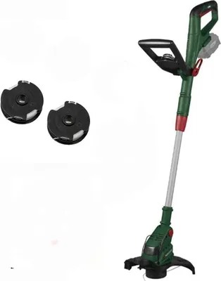 A cordless grass trimmer and two replacement spools are shown against a white background.