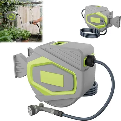 Imagen del producto de Carrete para manguera de 30 metros, manguera para jardín, enrollador de manguera con 10 funciones, boquilla de pulverización giratoria de 180°, montaje en pared, caja para manguera para jardín, césped, riego, lavado de coches, color gris y amarillo