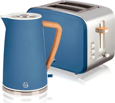 A blue electric kettle and a blue toaster with wood accents are displayed together on a white background.
