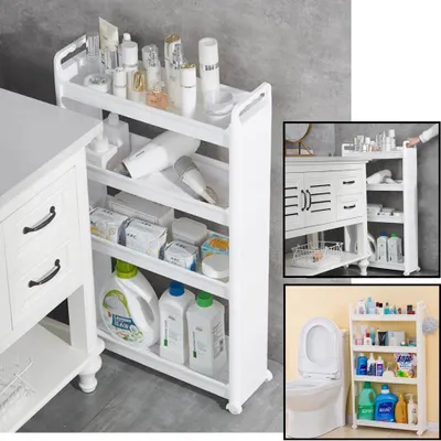 Produktbild von Schmales Aufbewahrungsregal 4 Ebenen auf Rädern - Kunststoff Nischenregal für Küche / Bad - platzsparender - Weiß - Decopatent