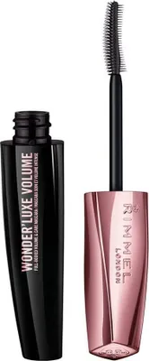 A Rimmel London Wonder'Luxe Volume Mascara is shown with its cap off and brush extended.