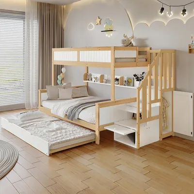 Image de Lit superposé - 90 x 200 cm, blanc et bois naturel, en pin et MDF, avec barrière de sécurité, avec placard et espace de rangement