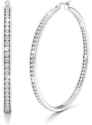 Image de Boucles d'oreilles créoles en acier inoxydable, hypoallergéniques, avec zirconium, pendantes, argentées, 50 mm