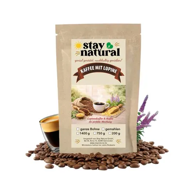 Produktbild von Stay Natural Kaffee mit Lupine Ganze Bohne 200g - Kaffee Lupinen Mischung mit Koffein, vollmundiger Bohnenkaffee mit milden Röstaromen, regionaler Lupinenkaffee aus Deutschland, nachhaltig geröstet