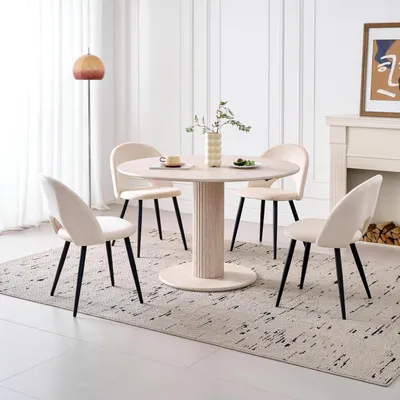 Produktbild von Esszimmer-Set Runder Esstisch 115 cm Durchmesser mit 4 Samtstühlen Beige