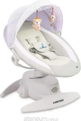 A white baby swing with a canopy and hanging toys.