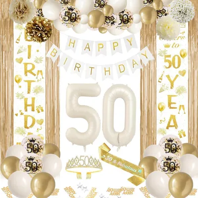 Produktbild von 50 Geburtstag Deko Set Weiß Gold für Mädchen und Frauen mit Girlande, Ballons und Lametta Vorhang