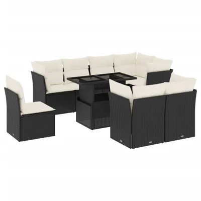 Produktbild von Modulares Garten-Sofa-Set 9-teilig, verstellbarer Tisch, Poly Rattan, UV-beständig, Schwarz/Cremeweiß, mit abnehmbaren Kissenbezügen
