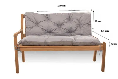A wooden garden bench with gray cushions, shown with dimensions indicated by text overlays.