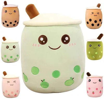 Productafbeelding van Azomor® Levendig ogenschijnlijk echt pluche kussen in de vorm van bubble tea, met grote ogen