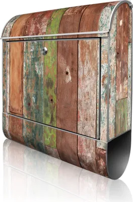 Produktbild von banjado Design Briefkasten Stahl silber mit Zeitungsfach pulverbeschichtet "Buntes Holz" 38x46x12,5cm & 2 Schlüssel - Postkasten A4 Einwurf inkl. Montagematerial [BK 12140]
