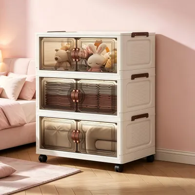 Productafbeelding van Opvouwbare opbergbox met deksel en wielen, met 3 compartimenten. Stapelbare opbergboxen voor slaapkamer, woonkamer en keuken