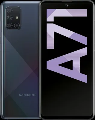A split image showing the back and front of a Samsung Galaxy A71 smartphone. The front displays the text 'A71' in large purple letters.