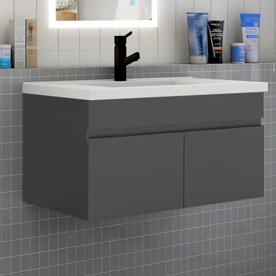 Produktbild von Badezimmer Badmöbel 80 cm Keramik Waschtisch mit Unterschrank Hängeschrank Badezimmerschränke Badschrank mit 2 Türen Anthrazit