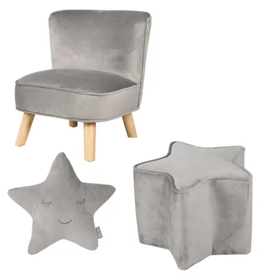 Image de Ensemble "Lil Sofa" de roba, comprenant : un fauteuil pour enfant, un tabouret en forme d'étoile et un coussin en forme d'étoile, tous en argenté-gris