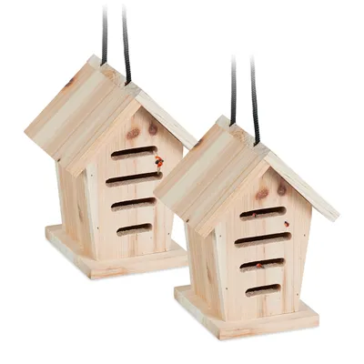 Image de Hôtel Set de 2 Hôtels pour insectes suspendus au jardin Bois non traité Nature - Coccinelle
