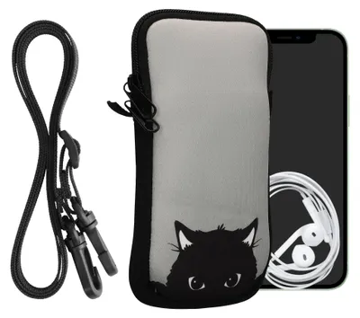 Produktbild von kwmobile Handytasche für Smartphones XXL - 7" - Neopren Handy Hülle Grau Schwarz - Handy Tasche mit Kette 17,7 x 8,5 cm Innenmaße - Neugierige Katze