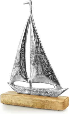Productafbeelding van Zeilschip Decoratie - Metalen Boot - Maritieme Sfeer - Mangohouten Voet - 265 cm Hoog - Zilverkleurig Bruin