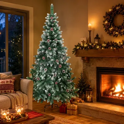 Produktbild von Peviasot Künstlicher Weihnachtsbaum 210 cm Grün mit 35 Tannenzapfen und Schnee-Effekt, 750 Zweigspitzen, PVC, Metallständer