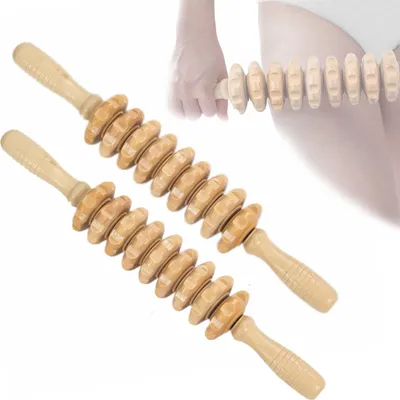 Produktbild von Therapiemassagegerät, manuelle Faszienrolle aus Holz zur Triggerpunktmassage und Linderung von Cellulite und Muskelkater.
