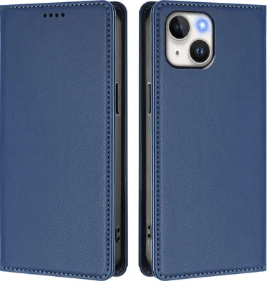 Image de Etui en cuir pour iPhone 14/iPhone 13, étui magnétique en cuirPolyuréthaneavec support Bleu foncé